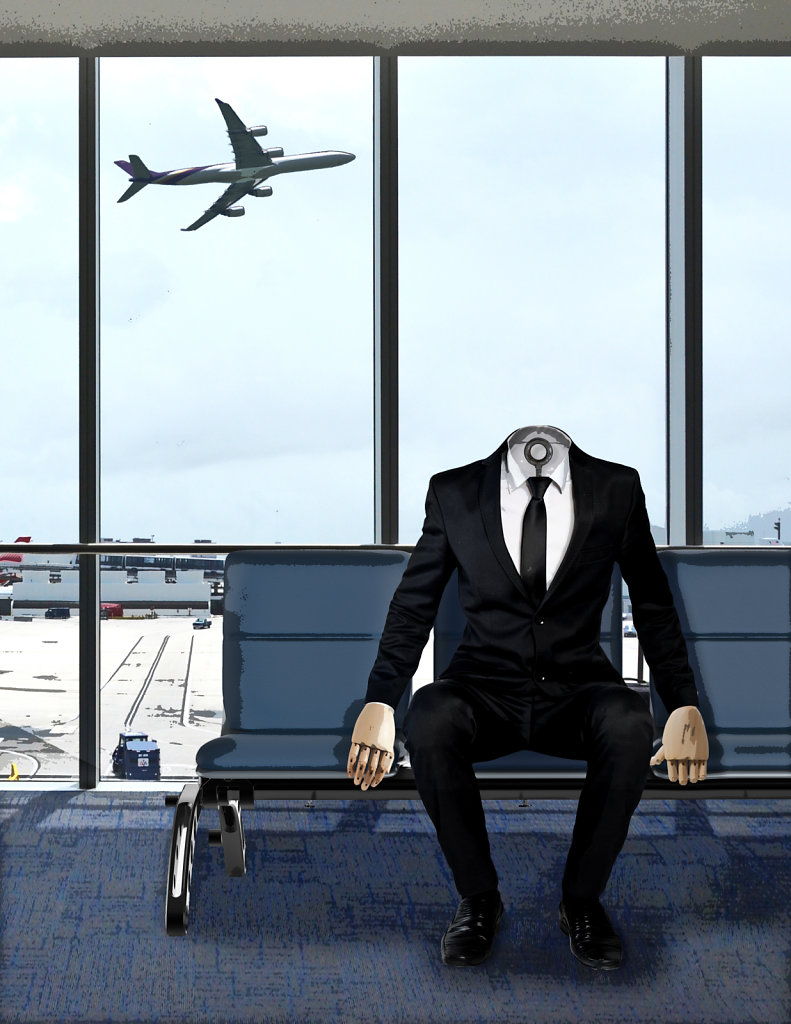 Business man sit on something