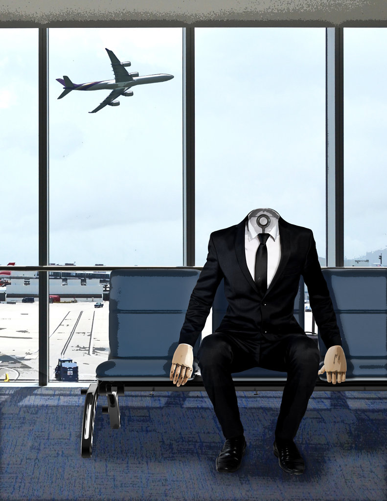 Business man sit on something